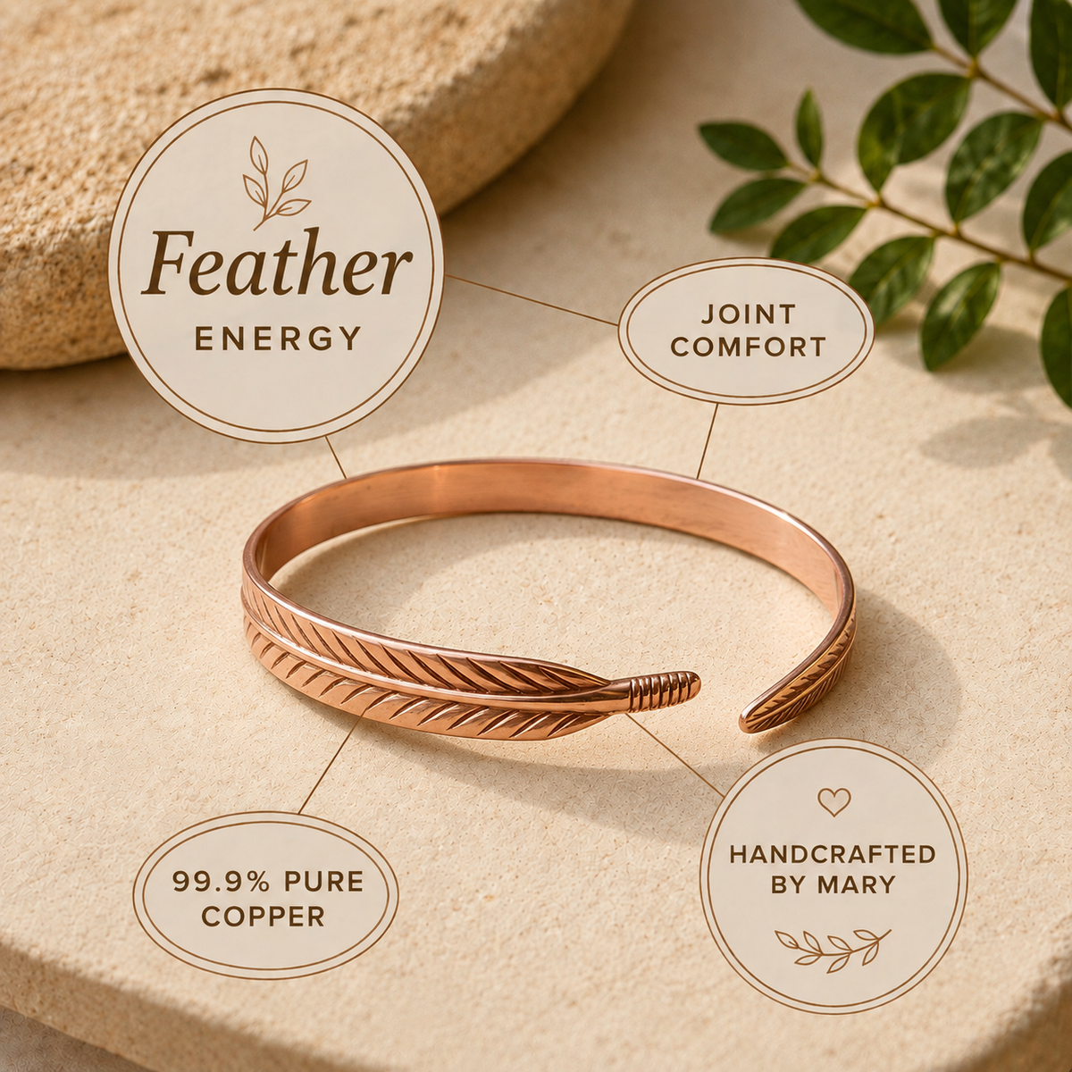 Mary's Feather Copper Bracelet